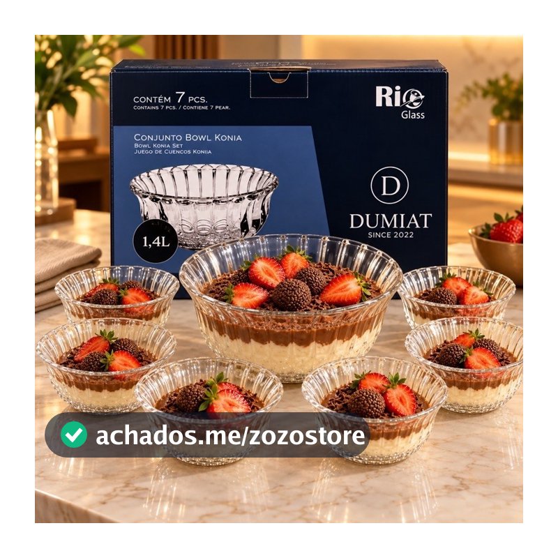 Jogo De Sobremesa Vidro 7 Peças Bowl Tigela Saladeira 1,4L Com 6 Taças Konia