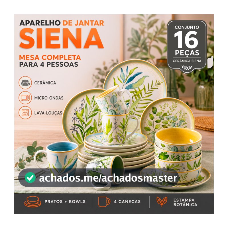 Aparelho de Jantar 16 Peças Cerâmica Siena com Bowls Pratos de Jantar e Sobremesa Rasos