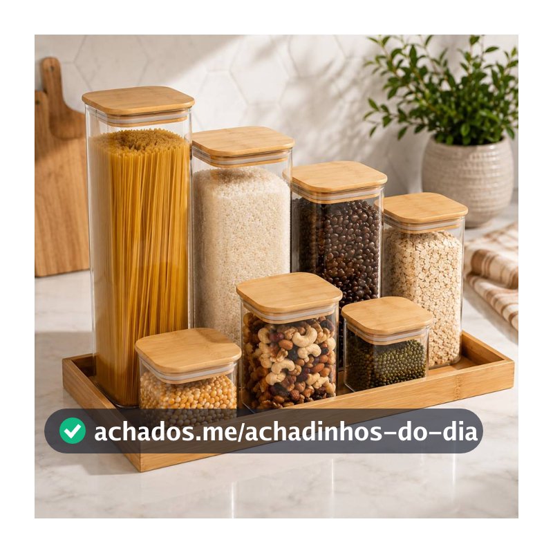 Kit Potes Quadrado  Grande de Vidro com Tampa Bambu Grande Mantimentos