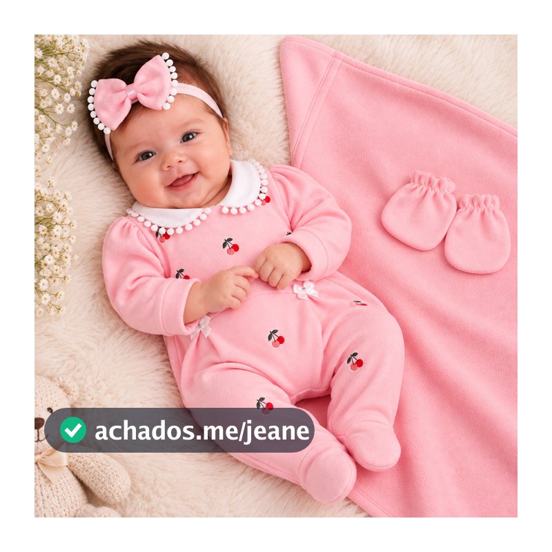 Saída Maternidade de Menina Luxo Rosa e Cinza com Cereja 4 pçs