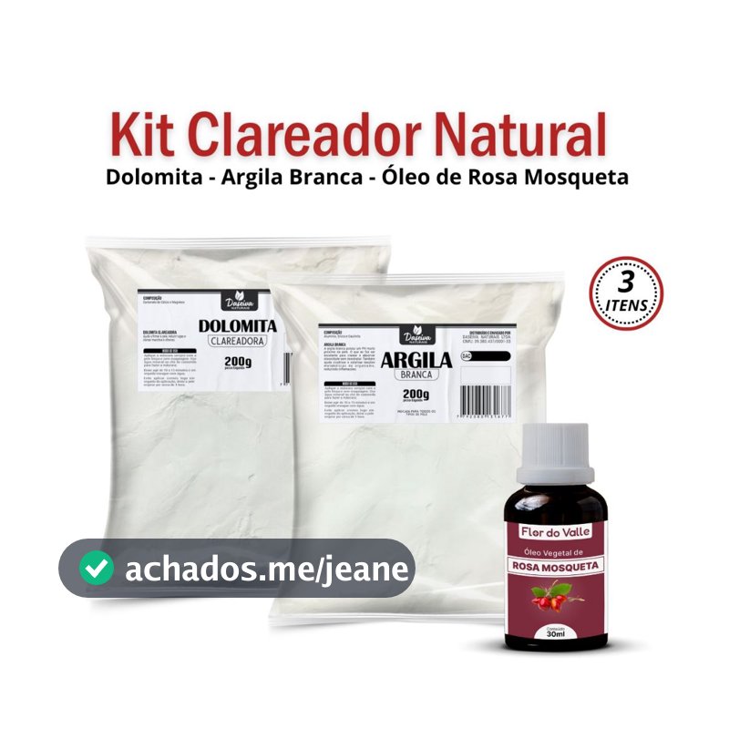 Argila Branca 200g + Dolomita Clareadora 200g + Óleo Rosa Mosqueta Rubiginosa (Super Clareador)