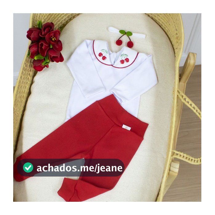 Conjunto bebê menina premium antialérgico calça e body faixinha Conjunto Cerejinha Vermelha 03 Peças
