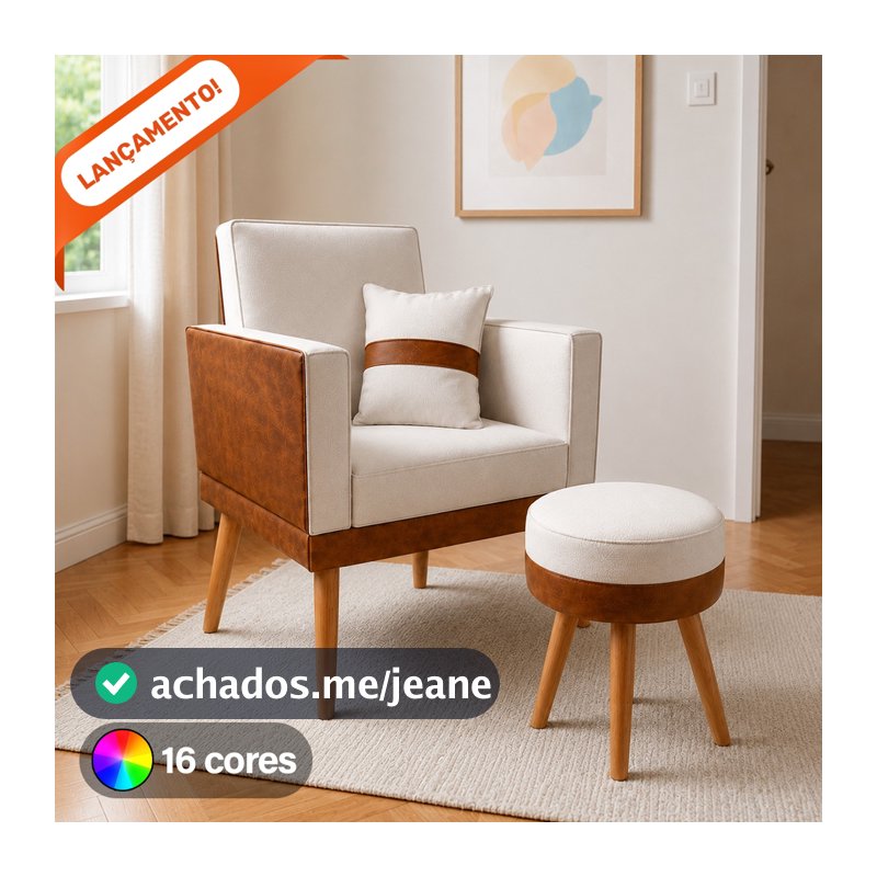 Poltrona para Sala Decorativa Lis com Almofada e Puff Redondo Corino Peroba e Suede Aninha Poltronas