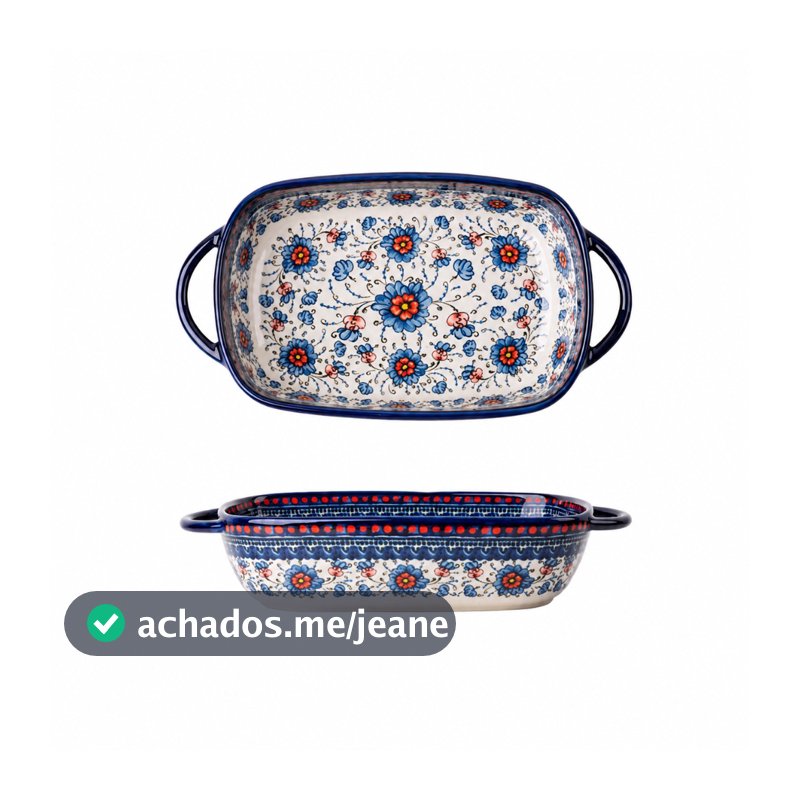 Assadeira Retangular de Cerâmica 730ml com Alças Estampa Floral Azul Travessa para Forno