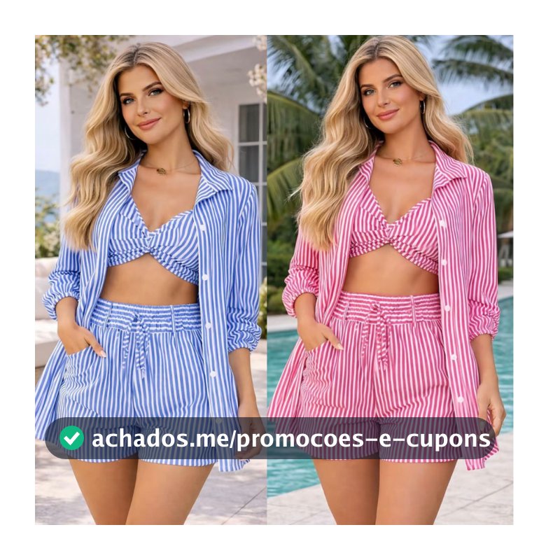 Conjunto Feminino Listrado 3 peças Camisa Social Chemise Manga longa Cropped e Short com bolso