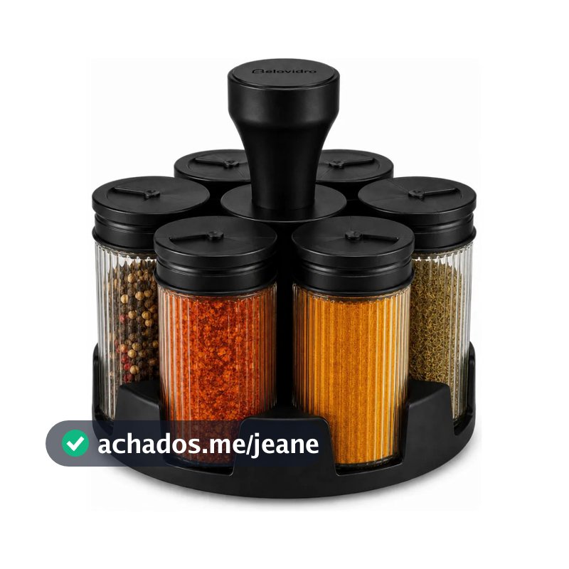 Suporte Giratório Porta Temperos Condimentos — 6 Potes de Vidros Line Diamond 85ml Tampas Ajustável
