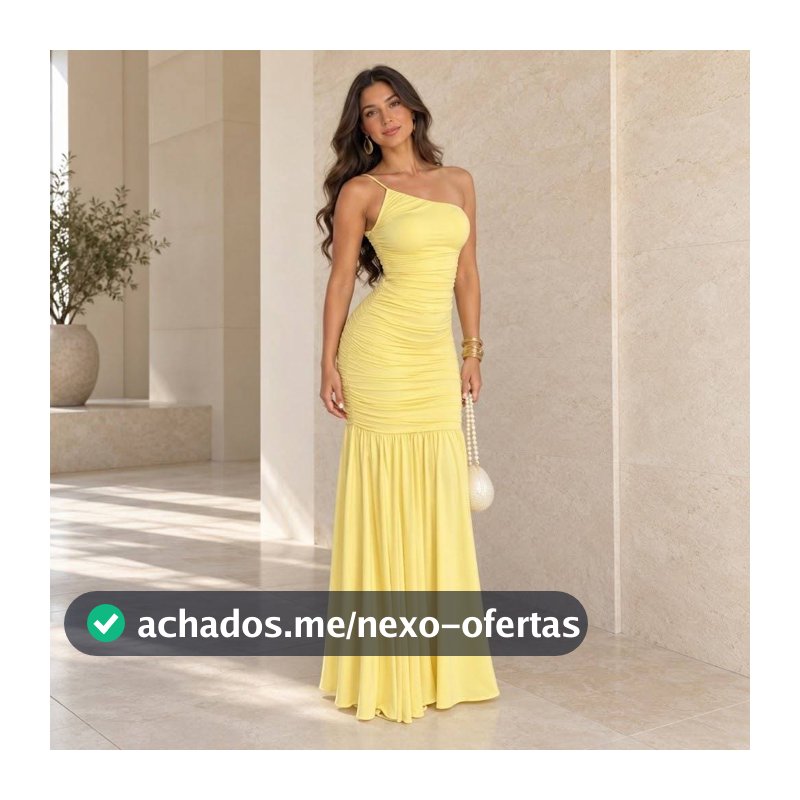Vestido Longo Feminino Um Ombro Só Drapeado com Bojo e Forro Duplo em Poliamida