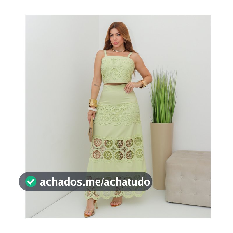 Conjunto Feminino Cropped de Alça com Renda Guipir e Saia Longa Elegante Verão SD4209