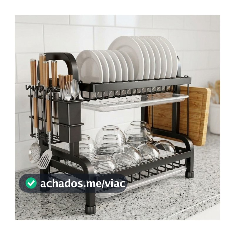 Escorredor de Louça Duplo Multifuncional Suporte para Pratos, Talheres e Tábua de Corte