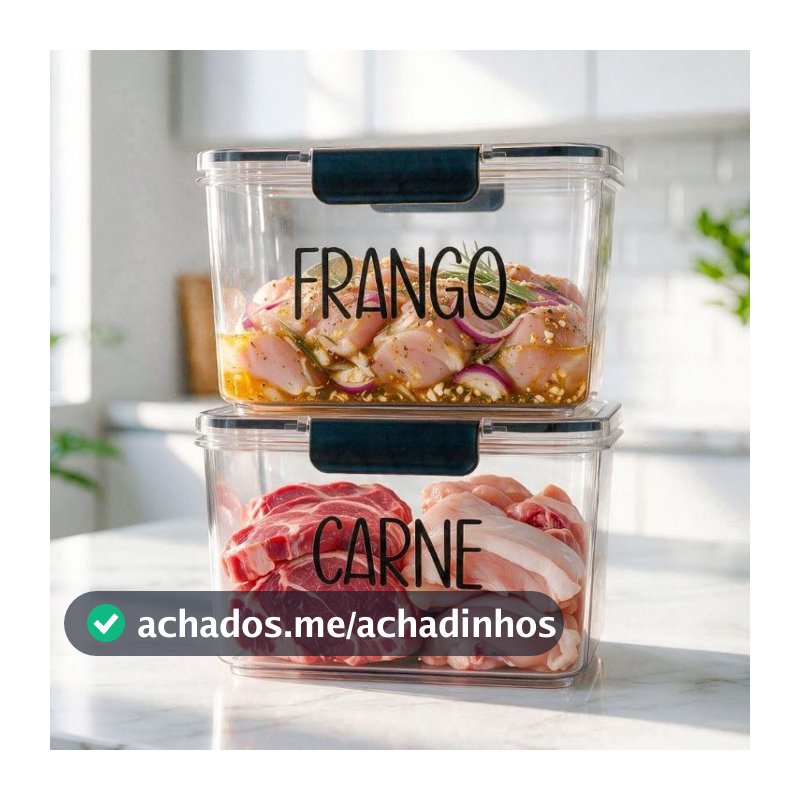 Kit Organizador Carne e Frango de Geladeira 1,9L - Pote Hermético com Etiqueta | Avulso ou Kit