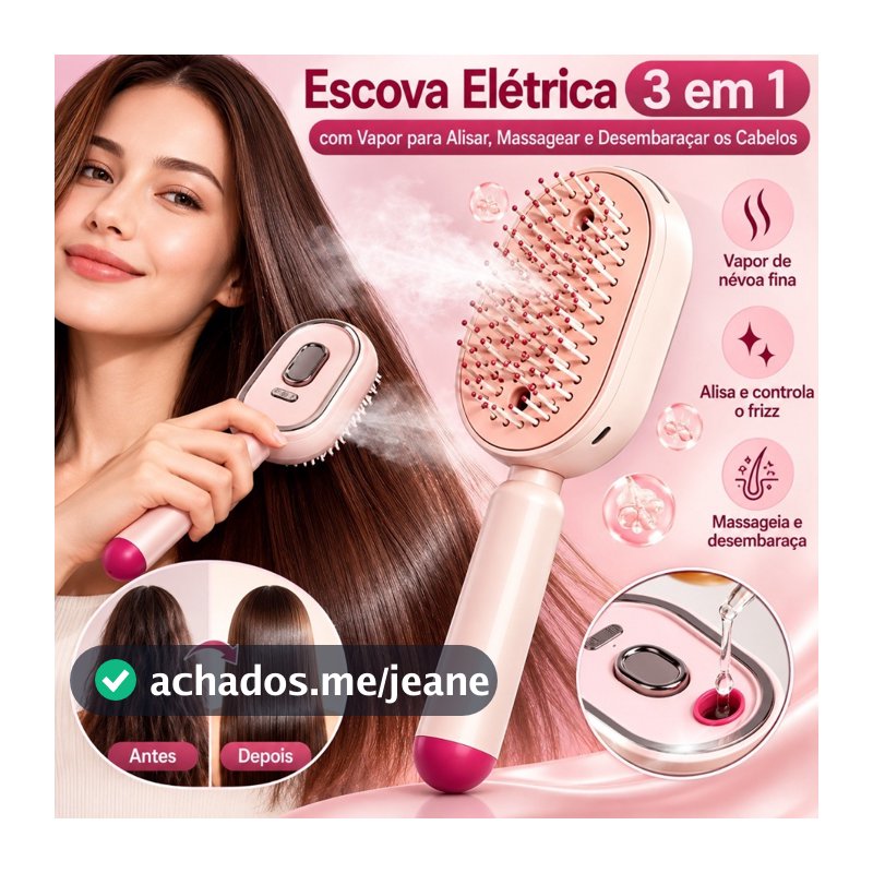 Escova Pente Elétrica 3 em 1 com Vapor para Alisar Massagear e Desembaraçar os Cabelos