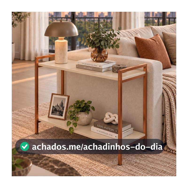 Mesa lateral canto sofá sala apoio aparador duas prateleiras estilo industrial cobre decorativo