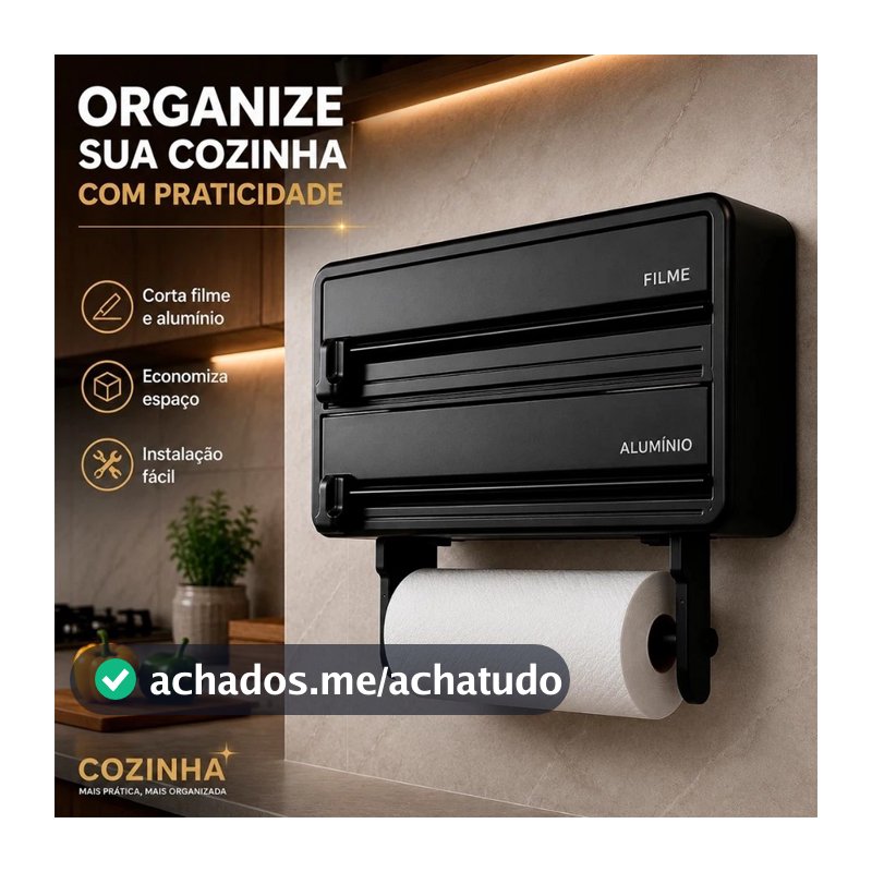 Porta Rolos De Parede Para Cozinha Dispenser Organizador Papel Toalha Papel Alumínio E Plástico Filme 3 Em 1 Premium
