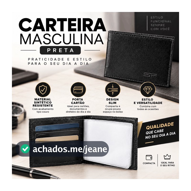 Carteira Masculina Preta Slim Compacta Porta Cartão Documento Dinheiro Material Sintético Tipo Couro Presente Homem