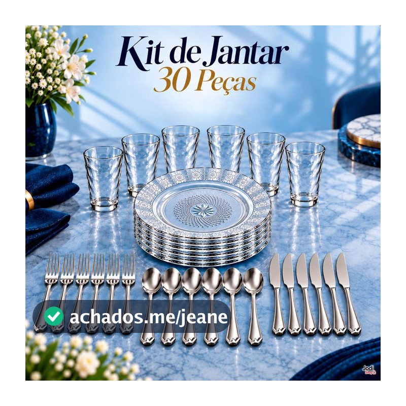 Aparelho de Jantar 30 Peças com 6 Pratos de Vidro, 6 Copos 190 ml e 18 Talheres Inox
