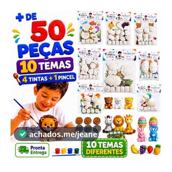 50 Peças 10 Kit Pintura Infantil Gesso 10 Temas Menino Menina + Tinta Guache + Pincel  Ferias Lembrancinhas Criança Kids