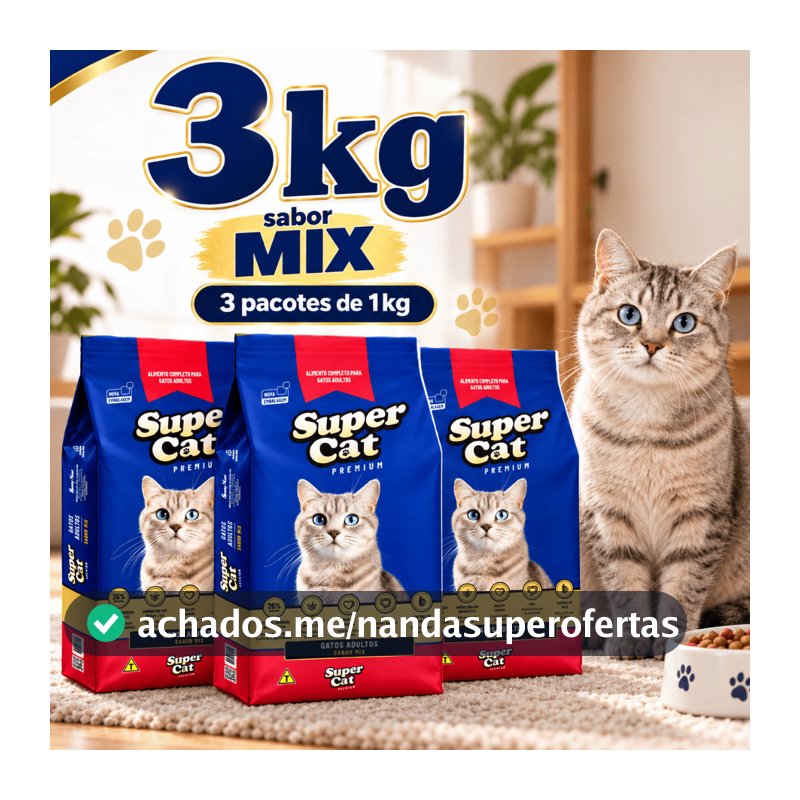 Kit 3x1kg Ração Gatos Adultos Super Cat Mix 3kg 26% Proteína com Taurina e Vitamina E