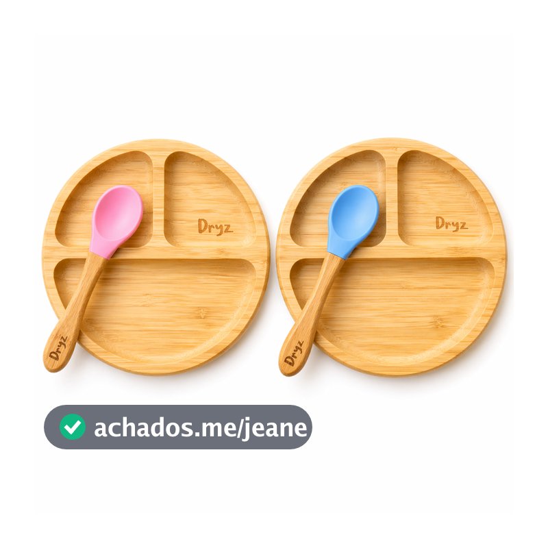 Kit Prato com Colher Infantil Dryz Bambu com Ventosa – Antiderrapante, Sem BPA, Introdução Alimentar