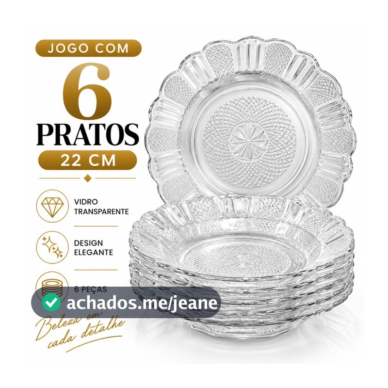 Jogo de 6 Pratos egípcios Fundos de Vidro 22cm Transparente com Relevo para Sopa Massa Caldo