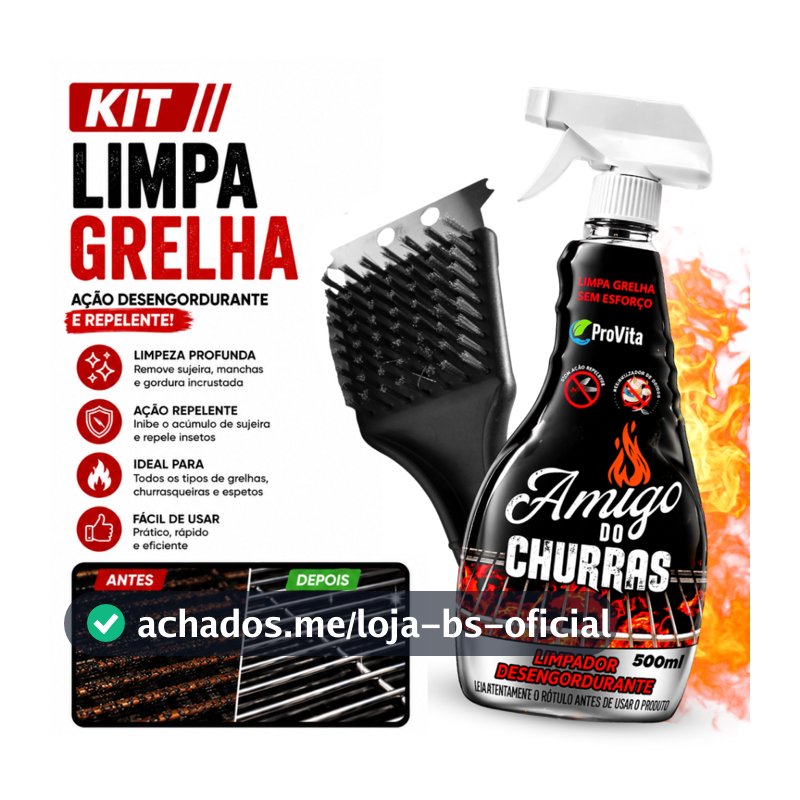 Kit Limpa Grelha Spray 500ml Desengordurante Remove Gordura + Escova Limpa Grelha Churrasqueira Fogão Grill Forno