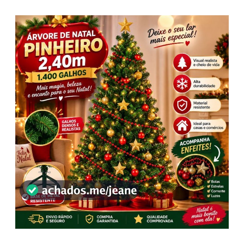 Arvore Natal Pinheiro 240 Cm Alta Densidade 1400 Galhos Cor Verde Festas