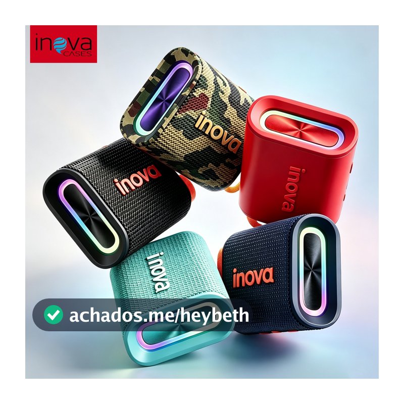 Caixa de Som portátil Inova Bluetooth 5.3 MD-12419 Portátil à Prova D'água IPX6, Subwoofer 45mm, 8h de Bateria e Luz RGB
