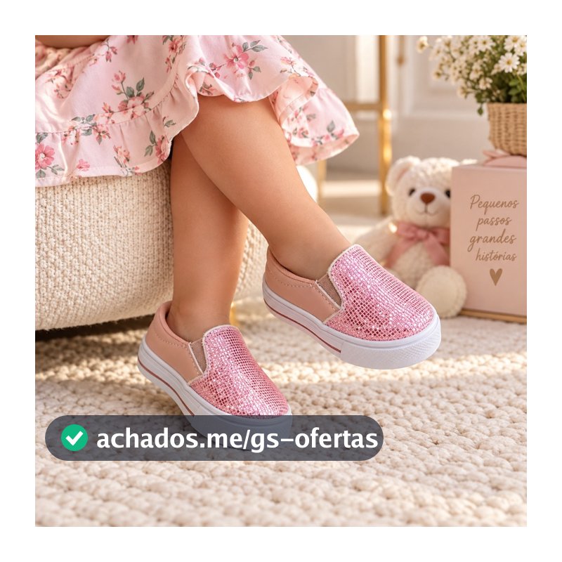 Tênis Baby Infantil Slip On com Glitter Calce Fácil Confortável Menina Bebê