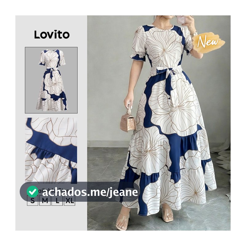 (New Arrival) Lovito Casual Vestido Longo Com Babados Floral Férias Primavera Verão Para Mulheres DRB39BR064