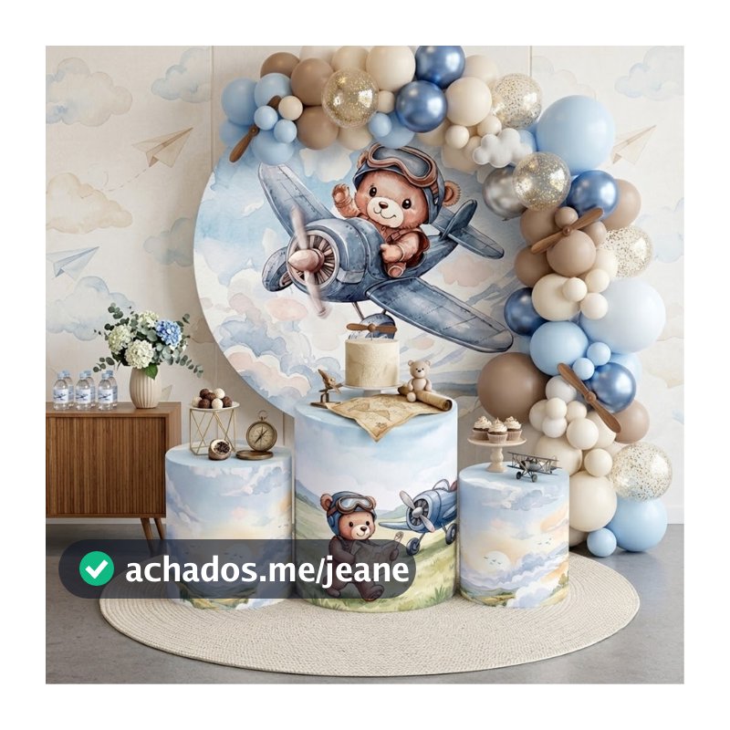Capas Festivas Painel Redondo Trio de Cilindro Ursinho Aviador Festa Bebê Infantil Chá de Bebe Oferta