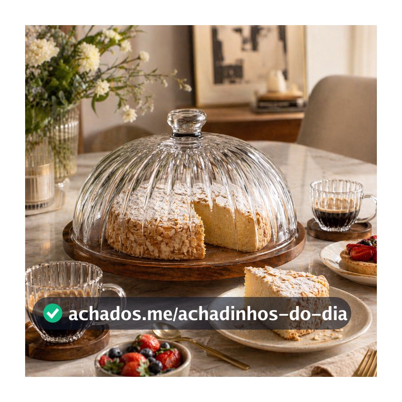 Porta Bolo 29cm Boleira Grande Cúpula Cristal Base Em Madeira Acácia Montecarlo Hauskraft Premium