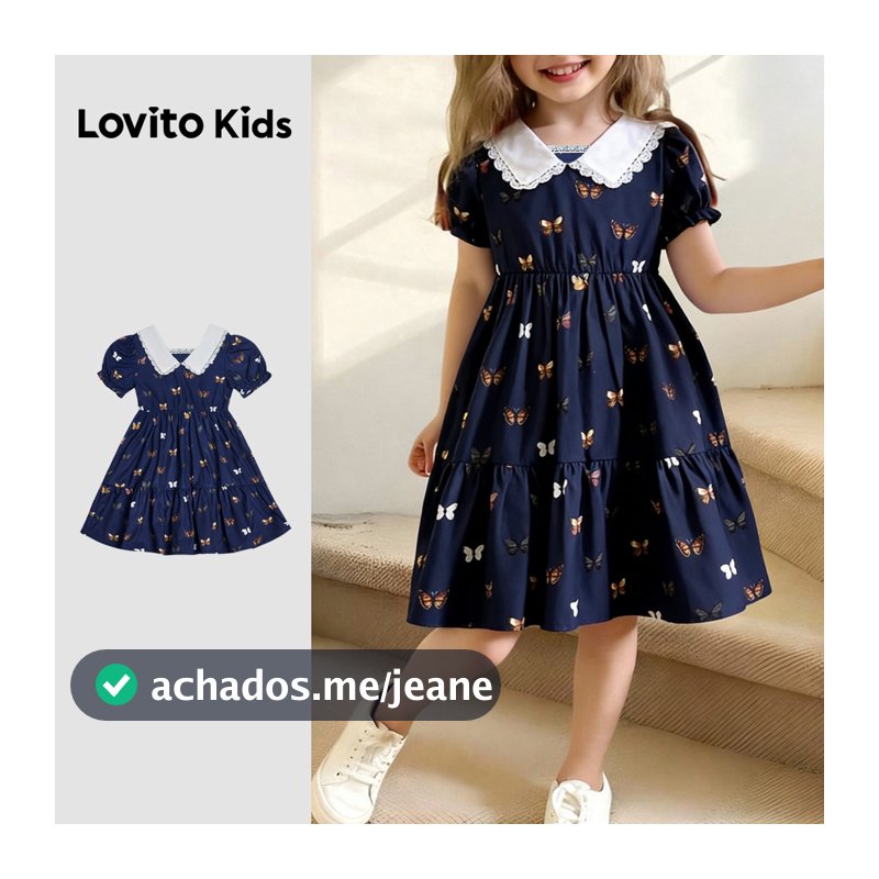 Lovito Kids Babado Vestido Fofo de Renda Azul Marinho para Primavera/verão para Meninas Bordado L168LD185