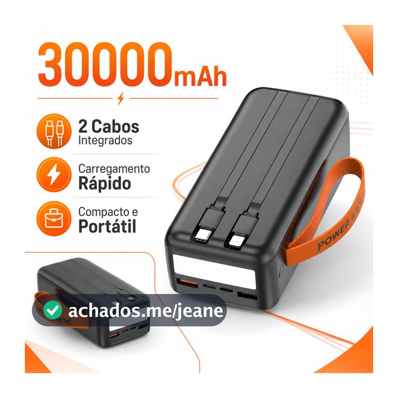 Power Bank 30000mAh com Chip Inteligente e Display LED – Suporte 66W, Tipo-C e IOS Preto