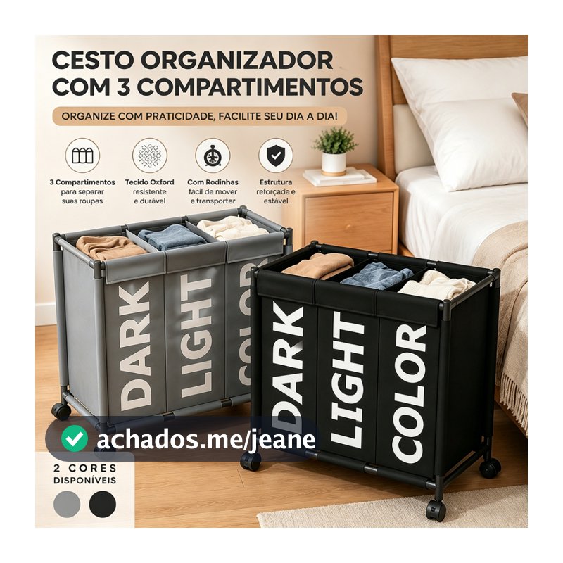 Cesto De Roupa Suja Dobrável Organizador 3 Compartimentos