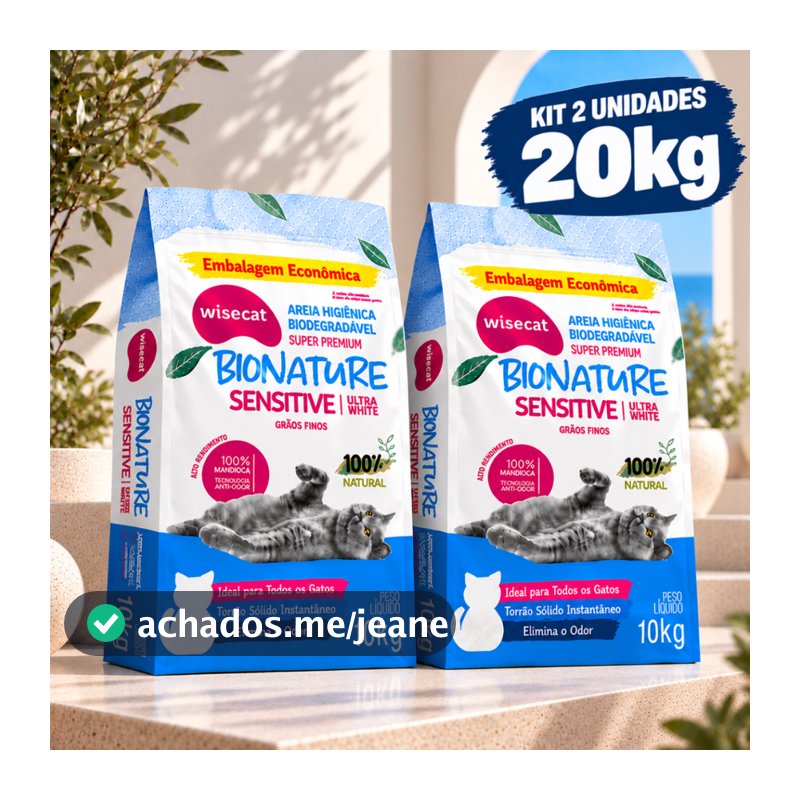 Kit 2 Areia Sanitária Higiênica para Gatos Biodegradável Mandioca Sensitive Grãos Finos Wisecat 10KG