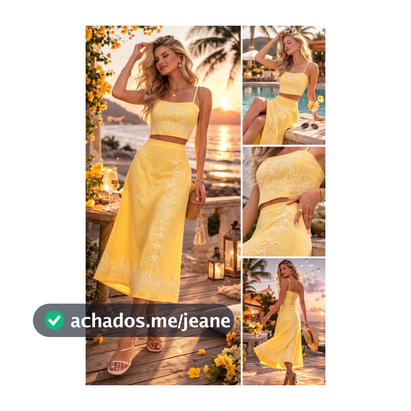 Conjunto Feminino Off White Top e Saia Midi Elegante Poliéster com Elastano Verão