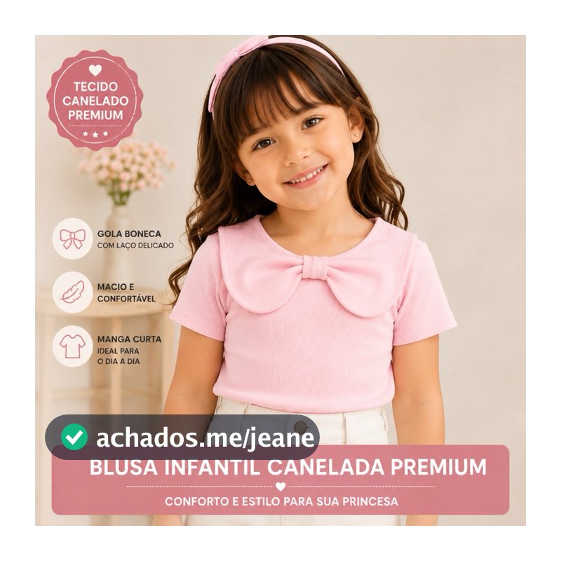 Blusa Infantil Menina Canelada Premium Manga Curta Gola Boneca com Laço Moda 2 a 10 Anos
