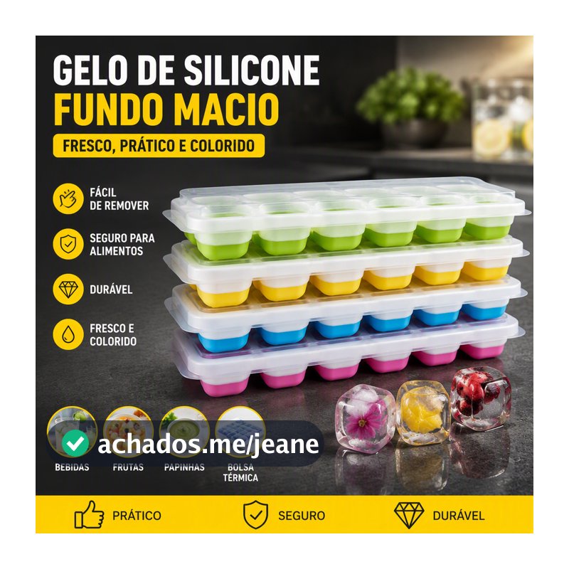 Kit 4 Formas de Gelo Silicone com Tampa Rígida Fundo Retangular Flexível Multiuso Lavável BPA Free Reutilizável