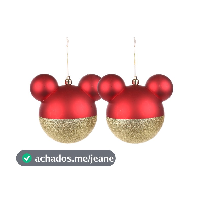 Kit com 2 bolas de natal mickey mouse vermelha com glitter para arvore 10cm
