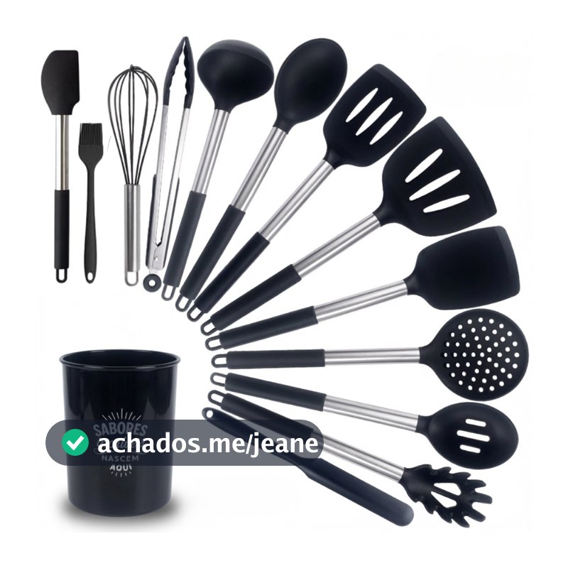 Kit Utensílios Cozinha De Silicone Conjunto Cabo Inox Alta Qualidade 24 Peças Preto
