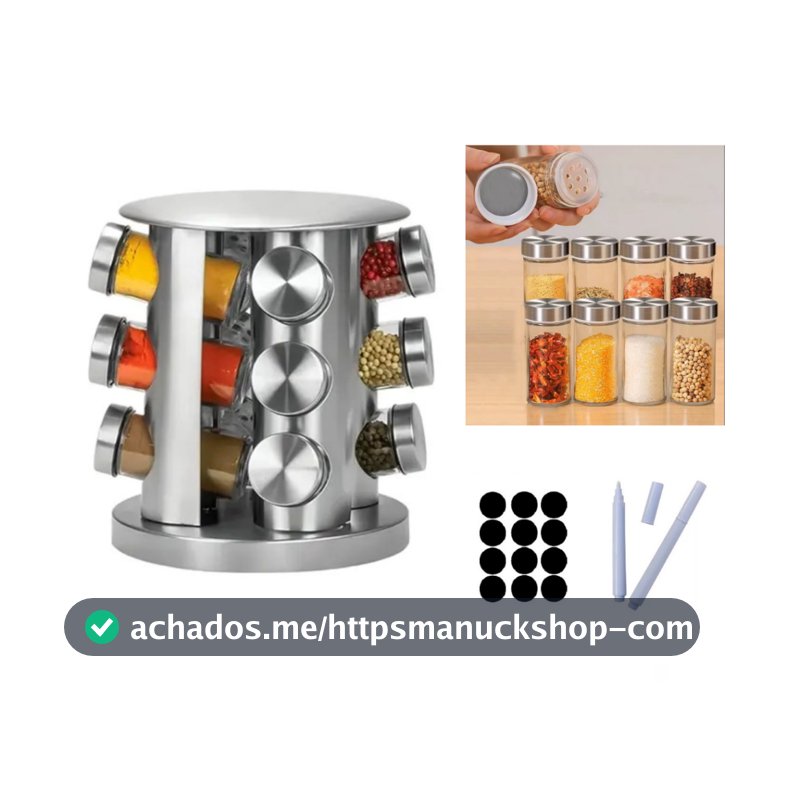 Porta Tempero Condimentos Giratório com 12 potes em vidro Caneta e Adesivos - Cozinha - WING