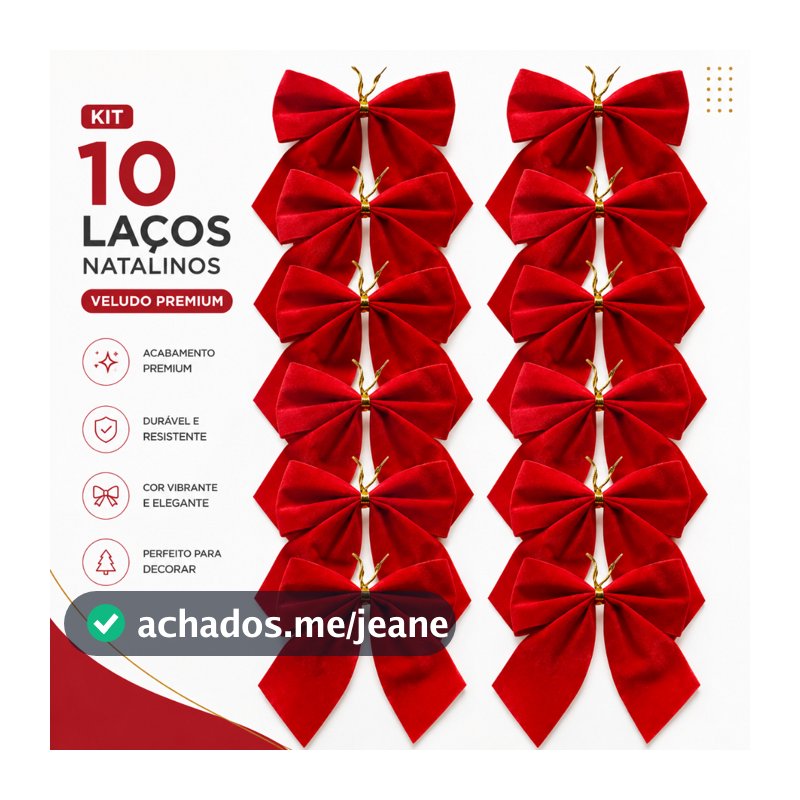 Kit 10 Laços Natalinos Vermelho Veludo Premium para Árvore de Natal Guirlanda Enfeites Decoração Festas