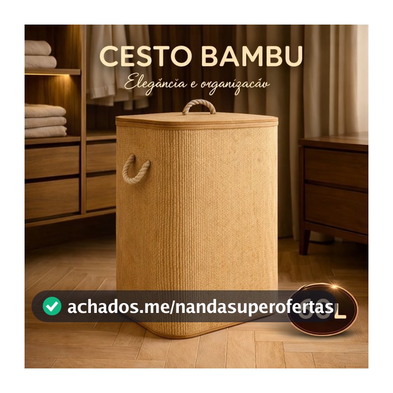 Cesto Bambu Dobrável Lyor 60l Tampa Cesto Roupa Suja Organizador Banheiro Quarto Ecológico Retangular Com Tampa E Forro