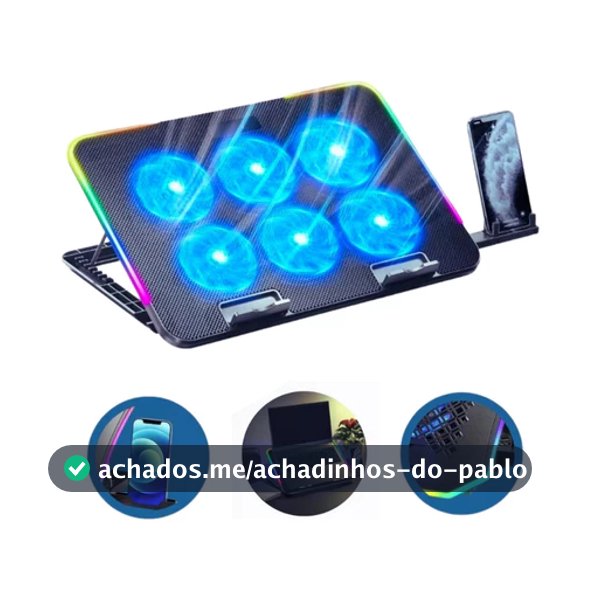 Suporte Base Cooler para notebook Led RGB 6 Coolers Ventoinha Silencioso 9' até 17' Pol Refrigerada USB - DELTA-B3162M
