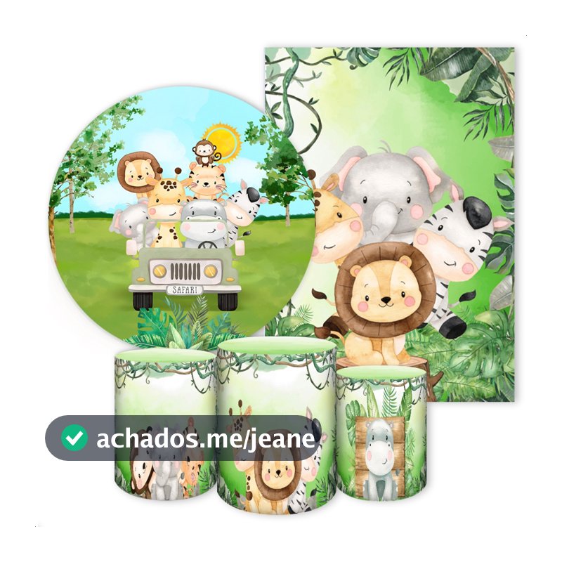 Kit 5 Peças Capa Painel Redondo + Capa Retangular + Trio Cilindros para Festa Tema Safari