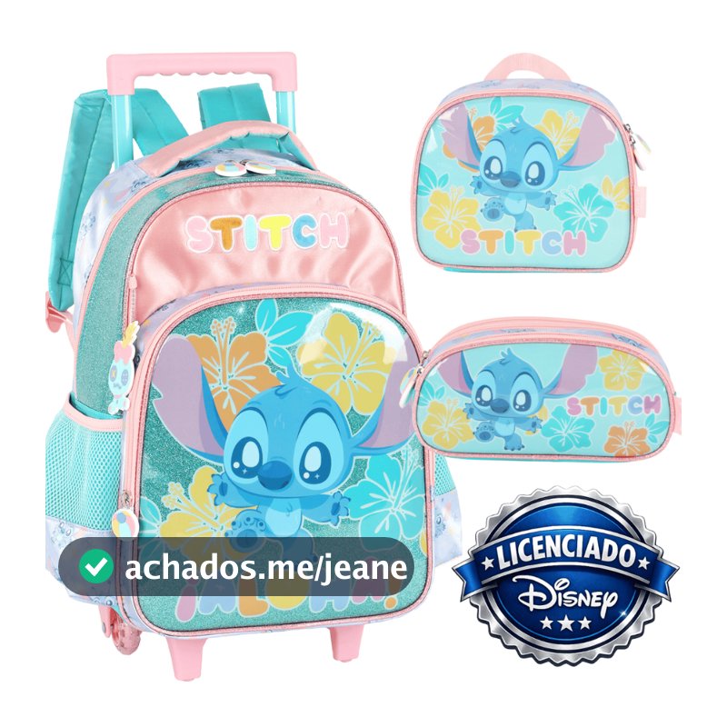 kit Mochila Rodinha Stitch Lancheira Estojo Original Disney Infantil Grande Escolar Feminina Lilo Menina