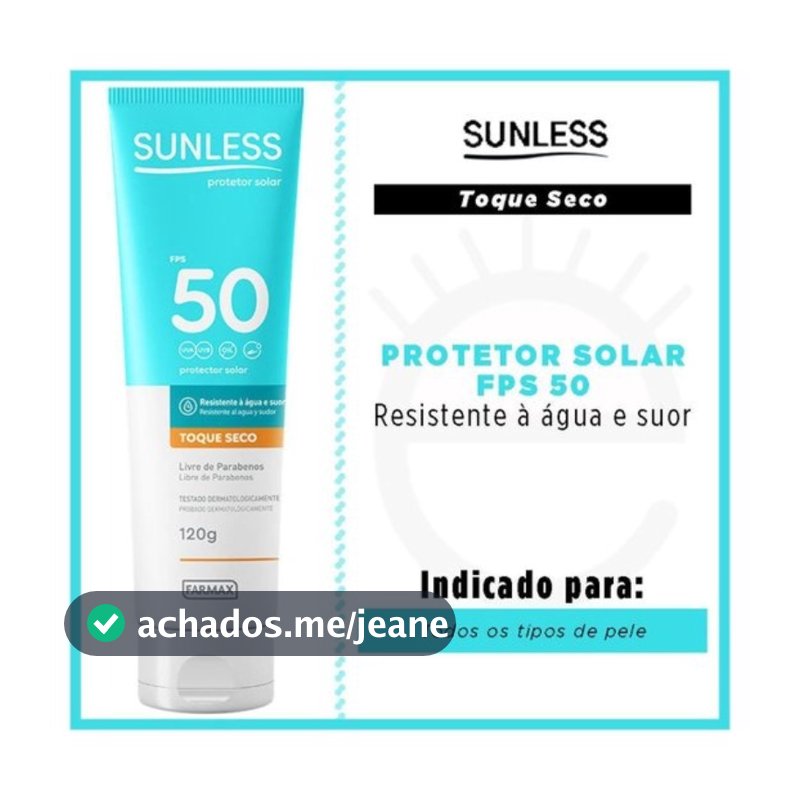 Protetor Bloqueador Filtro Solar Sunless FPS50 Toque Seco Não Oleoso 120g