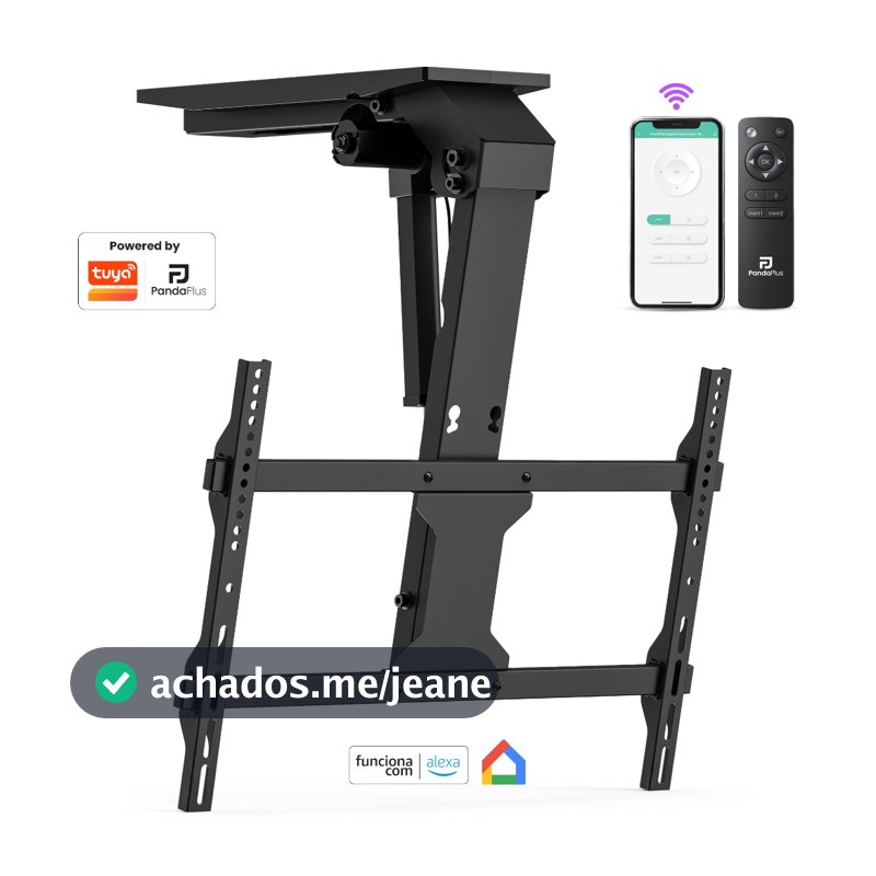 Suporte TV Motorizado Teto 37 a 75 Controle App PandaPlus Wifi Alexa Tuya Smartlife Google Inclinação 80° Suporte Até 45