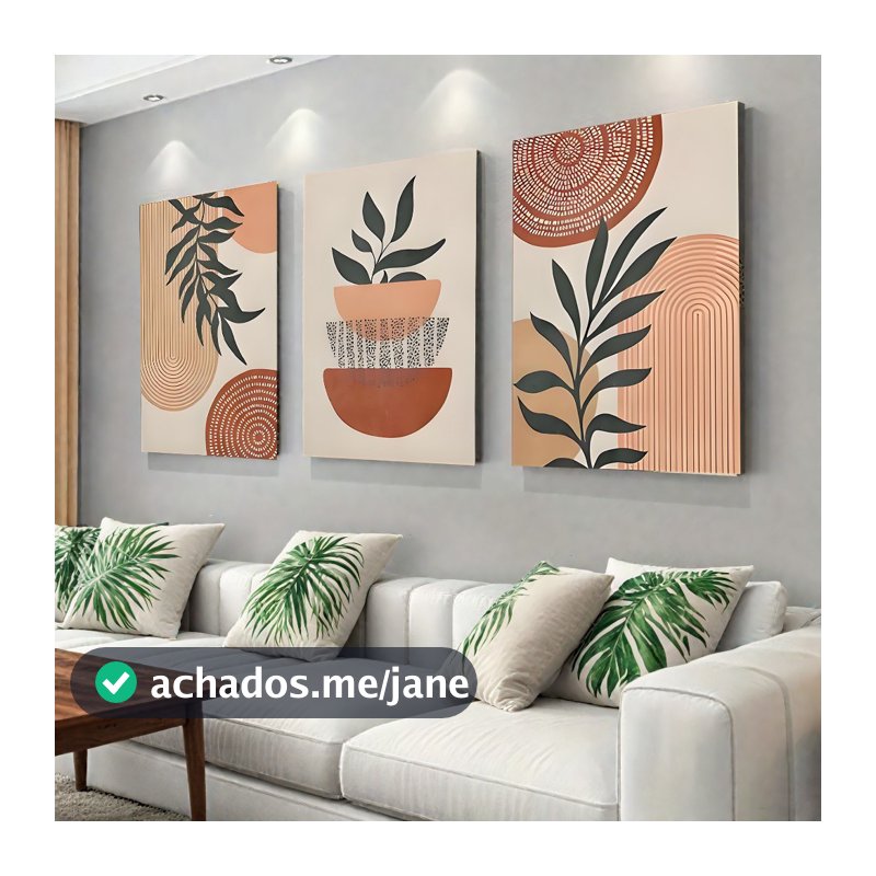 Kit 3 Quadros Decorativos Quarto e Sala 40x60 Planta Tropical - Linhas Geométricas Folhas Moderno