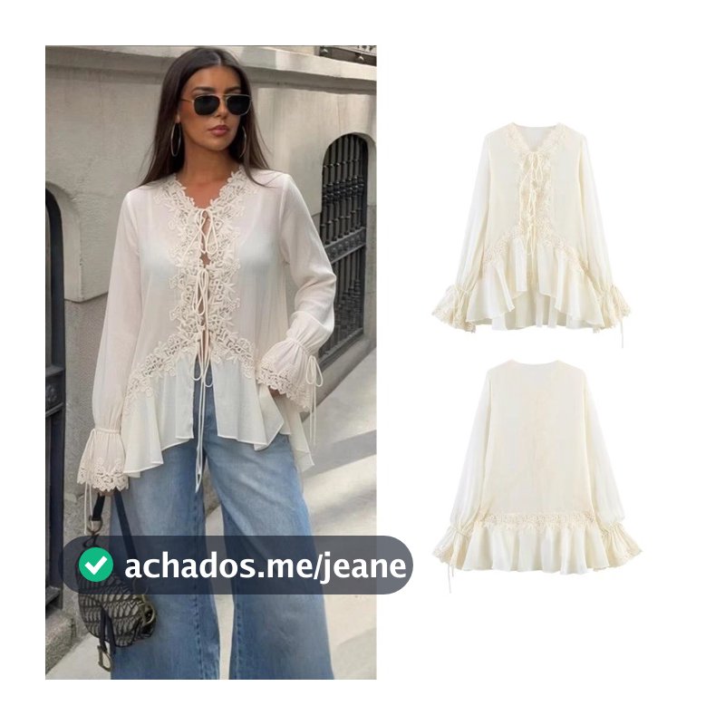 Blusa Branca Elegante De Renda Em Crochê Patchwork Transparente Com Babados 202606A