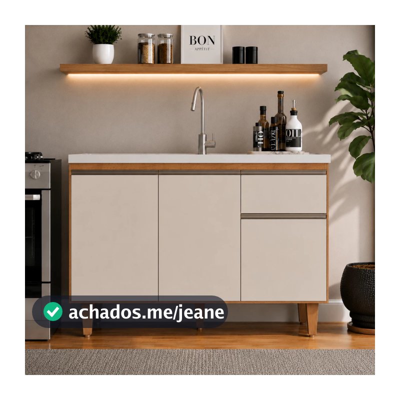 Balcão para Pia de Cozinha MDP 120cm Sem Tampo Armário Cozinha Gabinete 3 Portas 1 Gaveta